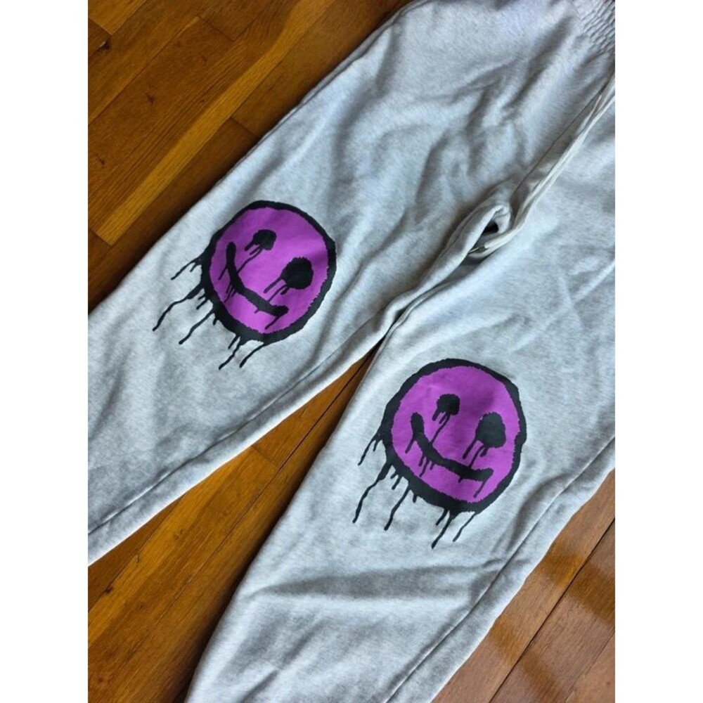 100% Cotton Y2K Graphic Streetwear - Drippy Purple Smiley Face Sweatpants Size M